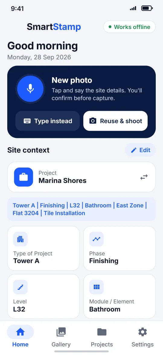SmartStamp home screen with voice capture and site context