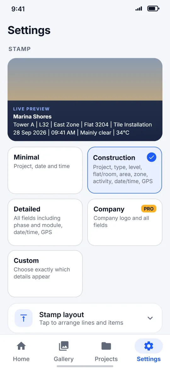 Stamp template settings